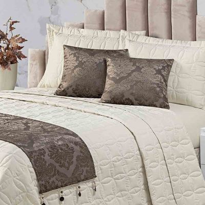 Kit Cobre Leito Colcha Midna King 8 Peças Dupla Face Xale Floral Jacquard Pedraria - Marrom Palha