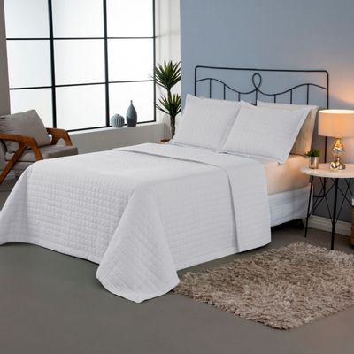 Kit Cobre Leito Colcha Unique Casal King 3 Peças Matelado Percal 300 Fios - Branco