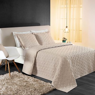Kit Cobre Leito Colcha Tendência King 3 Peças MicroPercal 200 Fios Bordado Premium - Cáqui