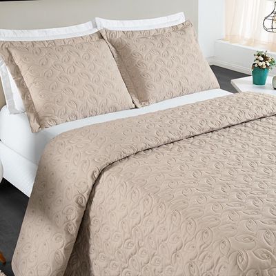 Kit Cobre Leito Colcha Tendência King 3 Peças MicroPercal 200 Fios Bordado Premium - Cáqui