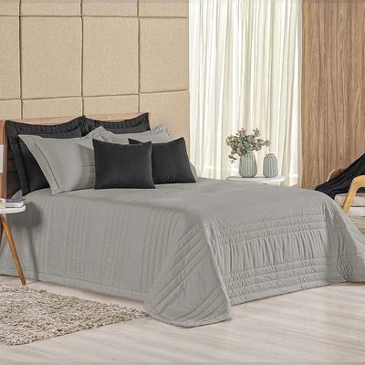 Kit Cobre Leito Colcha Dobby King 3 Peças Matelado 180 Fios - Cinza
