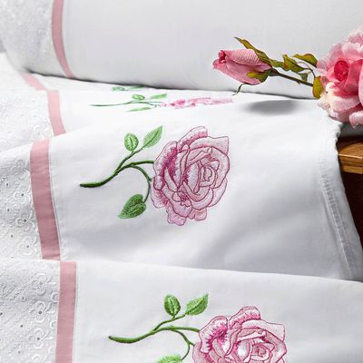Jogo de Lençol Yonara Queen 4 Peças Percal 180 Fios Bordado Floral - Branco