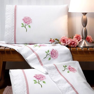 Jogo de Lençol Yonara Queen 4 Peças Percal 180 Fios Bordado Floral - Branco