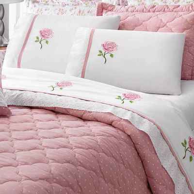 Jogo de Lençol Yonara Queen 4 Peças Percal 180 Fios Bordado Floral - Branco