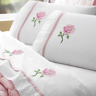 Jogo de Lençol Yonara Queen 4 Peças Percal 180 Fios Bordado Floral - Branco