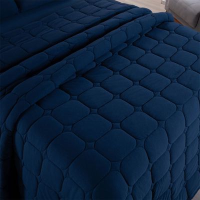 Kit Cobre Leito Colcha Minimal Casal 3 Peças Malha 100% Algodão - Azul Marinho