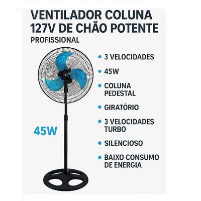 Ventilador Coluna 127v De Chao Potente 3 Velocidades 45w Coluna Pedestal Giratorio 3 Velocidades Turbo Sile