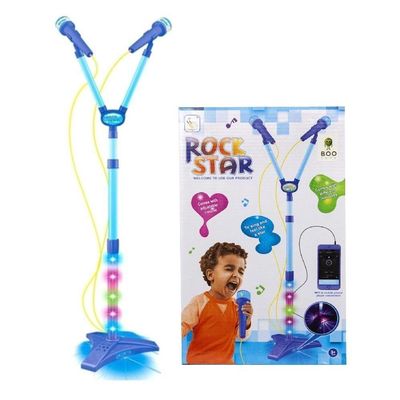 Microfone Infantil Pedestal Karaoke Duplo Rock Star Amplificador Musical Conecta Celular Mp3 Luz