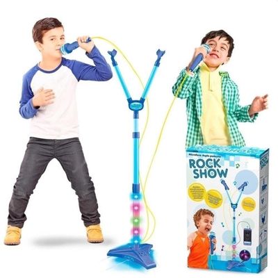 Microfone Infantil Pedestal Karaoke Duplo Rock Star Amplificador Musical Conecta Celular Mp3 Luz
