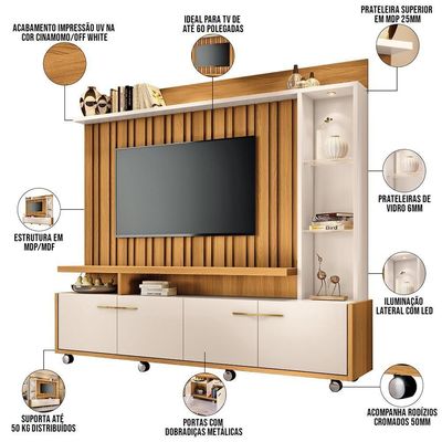 Estante Painel Para 60 Pol Com Led Ian B01 Cinamomo Off White