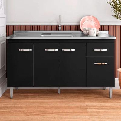 Balcão Cozinha Gabriela 3 Porta 150cm S-t Ajl Preto