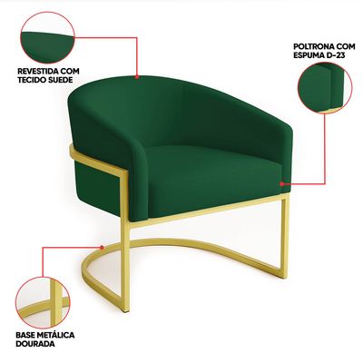 Poltrona Sala Decorativa Industrial Dourada Kit 2 Arielle Veludo Verde D03 - D'Rossi