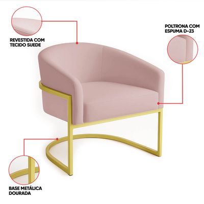 Poltrona Sala Decorativa Industrial Dourada Kit 2 Arielle Veludo Rosê D03 - D'Rossi