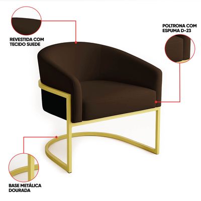 Poltrona Sala Decorativa Industrial Dourada Kit 2 Arielle Suede Marrom D03 - D'Rossi