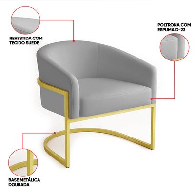 Poltrona Sala Decorativa Industrial Dourada Kit 2 Arielle Suede Cinza D03 - D'Rossi