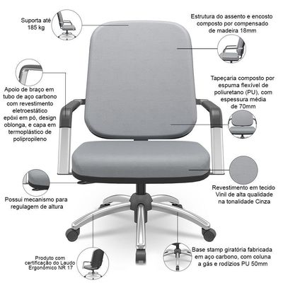 Cadeira De Escritório Giratória Com Braço Cromada Magno P03 Vinil Cinza - Lyam Decor