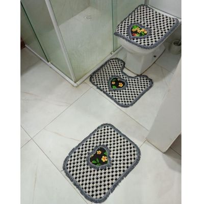 Kit 03 Tapete Xadrez Para Banheiro Decorativo E Macio 50x40 De Algodão Piso Chão Preto Com Estampa