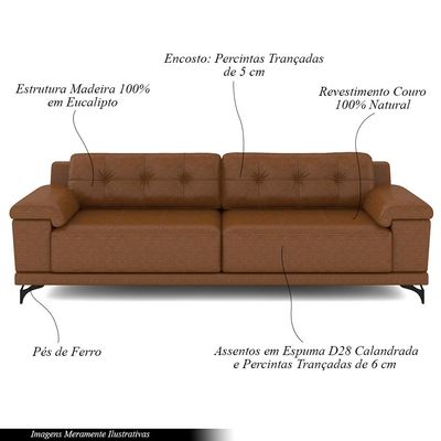 Sofá Living 3 lugares 232cm Agostino Pés Design em Ferro Couro Caramelo Manchado G52 - Gran Belo