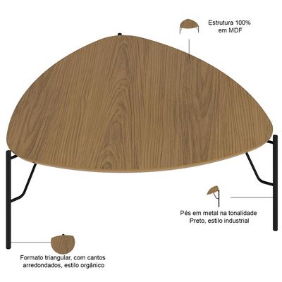 Mesa de Centro Para Sala de Estar Baixa Pés Industrial Preto Alef I03 Louro - Lyam Decor