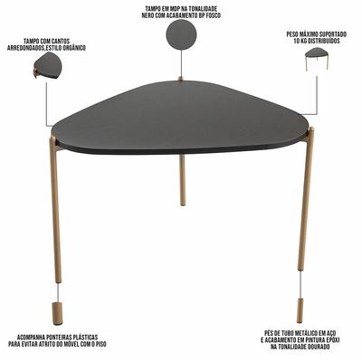 Mesa de Centro Para Sala de Estar Pés Metálicos Alta Adek A03 Nero Dourado - Lyam Decor
