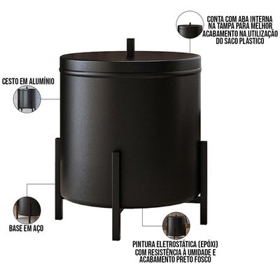 Kit Lixeira Com Tampa Multiuso 6L Kalli e Papeleira de chão Set Aço D01 Preto Fosco - Lyam Decor