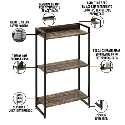 Estante Multiuso Escritório Industrial 3 Prateleiras Areta 104x60cm C01 Carvalho Dark - Lyam Decor
