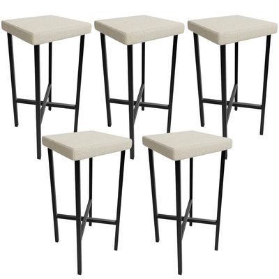 Kit 05 Banquetas Alta Bar Cozinha Sala De Jantar Preto Stella L02 Linho Champagne - Lyam Decor