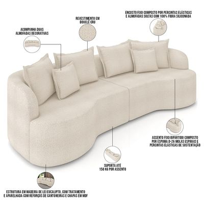 Sofá 3 Lugares Orgânico Sala De Estar Living 230cm Ekos K01 Bouclê Cru - Lyam Decor