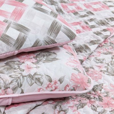 Kit Cobre Leito Estampado Queen Dupla Face Holambra  03 Peças - Rosa E Cinza