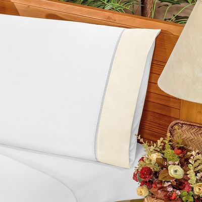 Jogo De Cama Lençol Queen Elegance Exclusivo180 Fios 80% Algodão 04 Peças - Branco E Palha