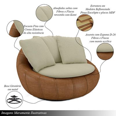 Kit 2 Poltronas Giratória Sala de Estar com Almofadas Afrodite Bege Caramelo Manchado Linho/PU G45 - Gran Belo