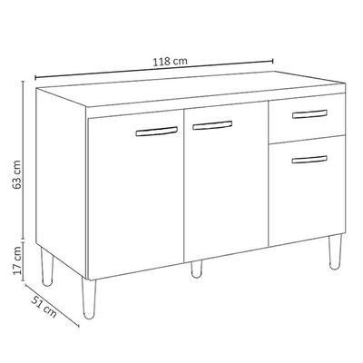 Balcão Cozinha Gabriela 3 Porta 120cm S-t Ajl Branco