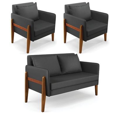 Kit 1 Sofá Namoradeira E 2 Poltronas Lana Corino Preto Base De Madeira - D'Rossi