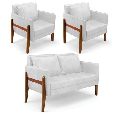 Kit 1 Sofá Namoradeira E 2 Poltronas Lana Corano Base De Madeira - D'Rossi Branco