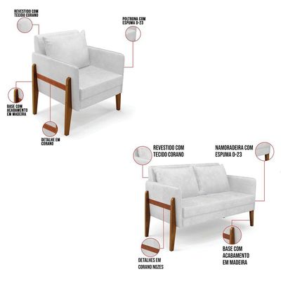 Kit 1 Sofá Namoradeira E 2 Poltronas Lana Corano Base De Madeira - D'Rossi Branco