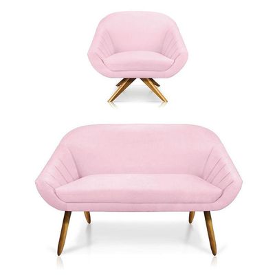 Kit 01 Namoradeira 02 Lugares E 01 Poltrona Giovana Suede cor de fabricação Rosa Bebê