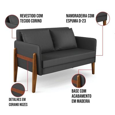 Sofá Namoradeira Lana Corino Base De Madeira - D'rossi Cor Preto