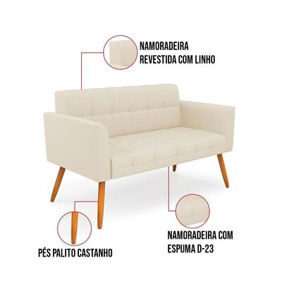 Kit 1 Sofá Namoradeira E 2 Poltronas Elisa Linho Pés Palito Castanho - D'rossi Cor A19 Bege