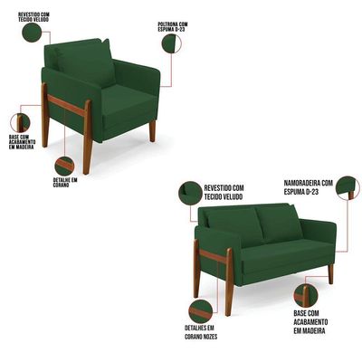 Kit 1 Sofá Namoradeira E 2 Poltronas Lana Veludo Base De Madeira - D'rossi Cor Verde