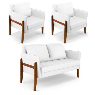 Kit 1 Sofá Namoradeira E 2 Poltronas Lana Corino Base De Madeira - D'Rossi Branco
