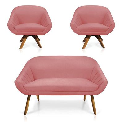 Kit 01 Namoradeira 02 Lugares E 02 Poltronas Giratória Giovana Suede Rosê Base Madeira Mm30 D'rossi