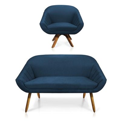 Kit 01 Namoradeira 02 Lugares E 01 Poltrona Giovana Suede cor da versão Azul Marinho