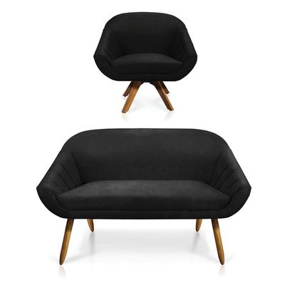 Kit 01 Namoradeira 02 Lugares E 01 Poltrona Giovana Suede exclusividade na cor Preto