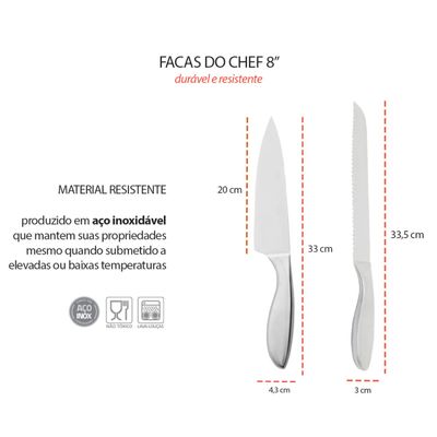 Faca do Chef e Pao Lamina 8" Cozinha Profissional Aço Inox