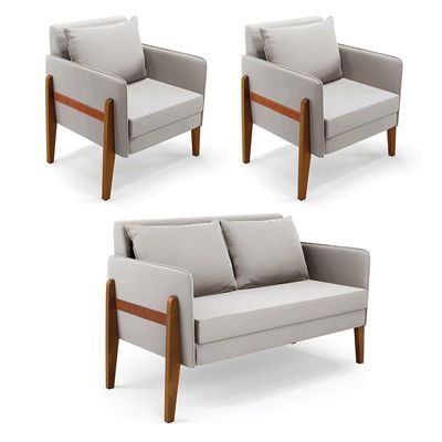 Kit 1 Sofá Namoradeira E 2 Poltronas Lana Veludo Base De Madeira - D'rossi Cor Cinza