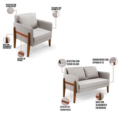 Kit 1 Sofá Namoradeira E 2 Poltronas Lana Veludo Base De Madeira - D'rossi Cor Cinza
