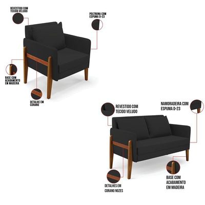 Kit 1 Sofá Namoradeira E 1 Poltrona Lana Veludo Preto Base De Madeira - D'rossi