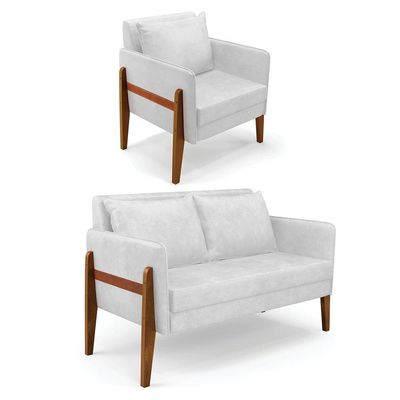 Kit 1 Sofá Namoradeira E 1 Poltrona Lana Corano Base De Madeira - D'Rossi Branco