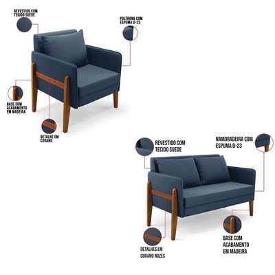 Kit 1 Sofá Namoradeira E 1 Poltrona Lana Suede Azul Marinho Base De Madeira - D'rossi