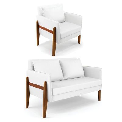 Kit 1 Sofá Namoradeira E 1 Poltrona Lana Corino Base De Madeira - D'rossi Cor Branco